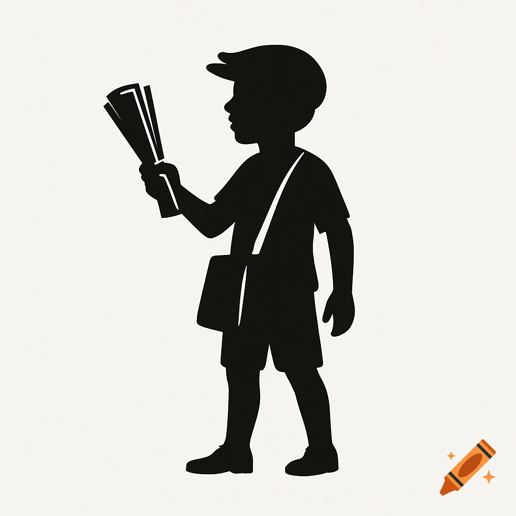 Black silhouette illustration of a boy holding newspapers.