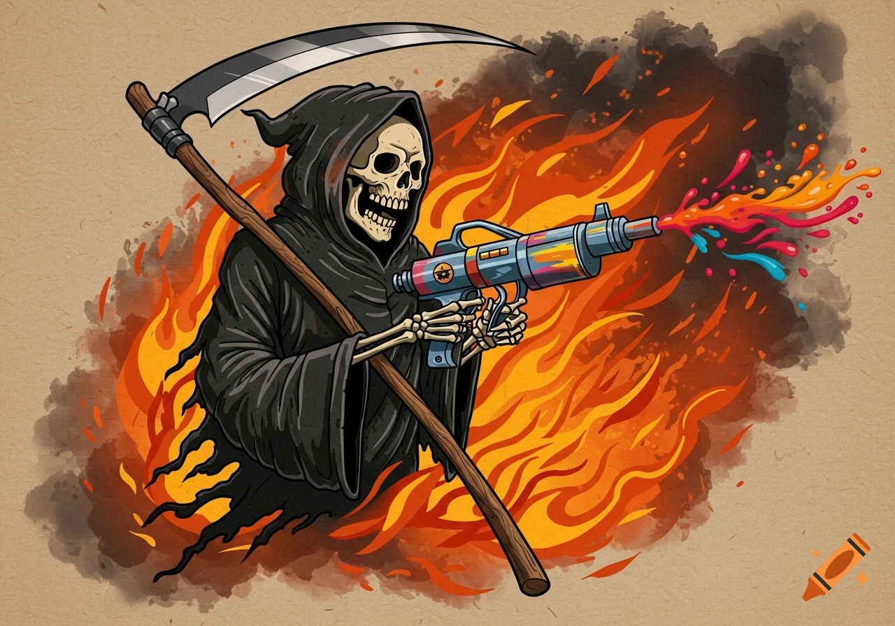 Stylized grim reaper holding a colorful paint gun in front of flames in American traditional art style.