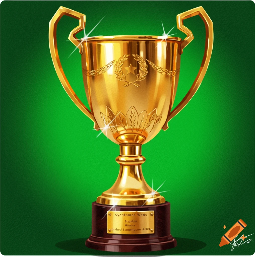 A shiny gold trophy on a green background.