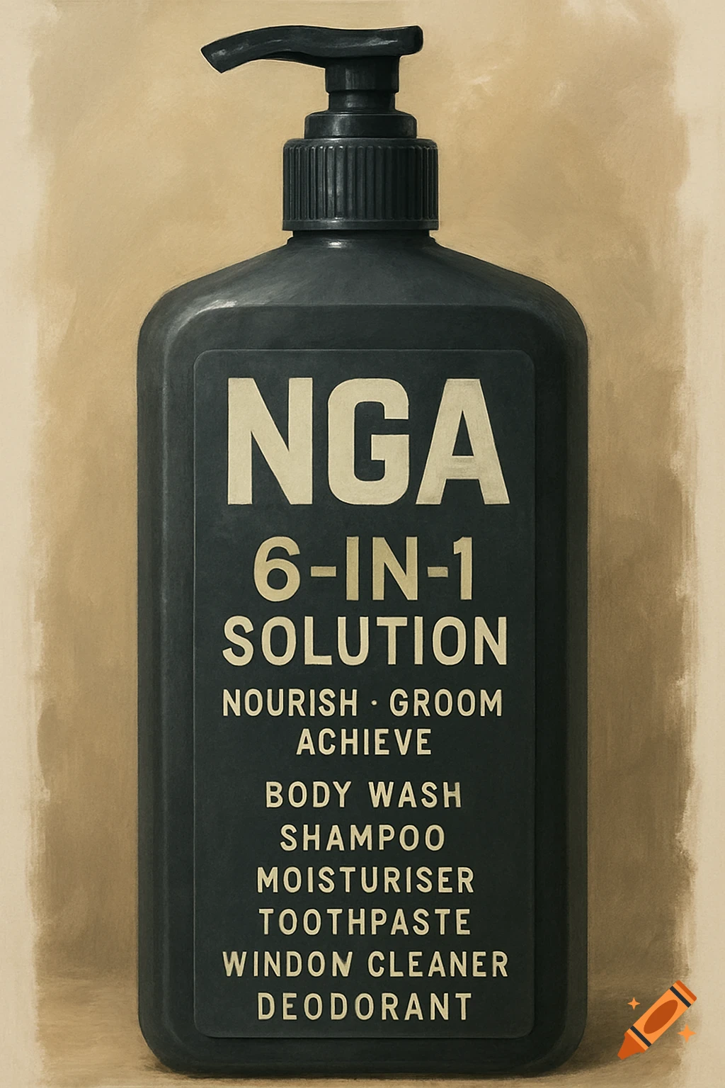 A dark bottle with a pump dispenser and a label listing various products like body wash, shampoo, and moisturizer.