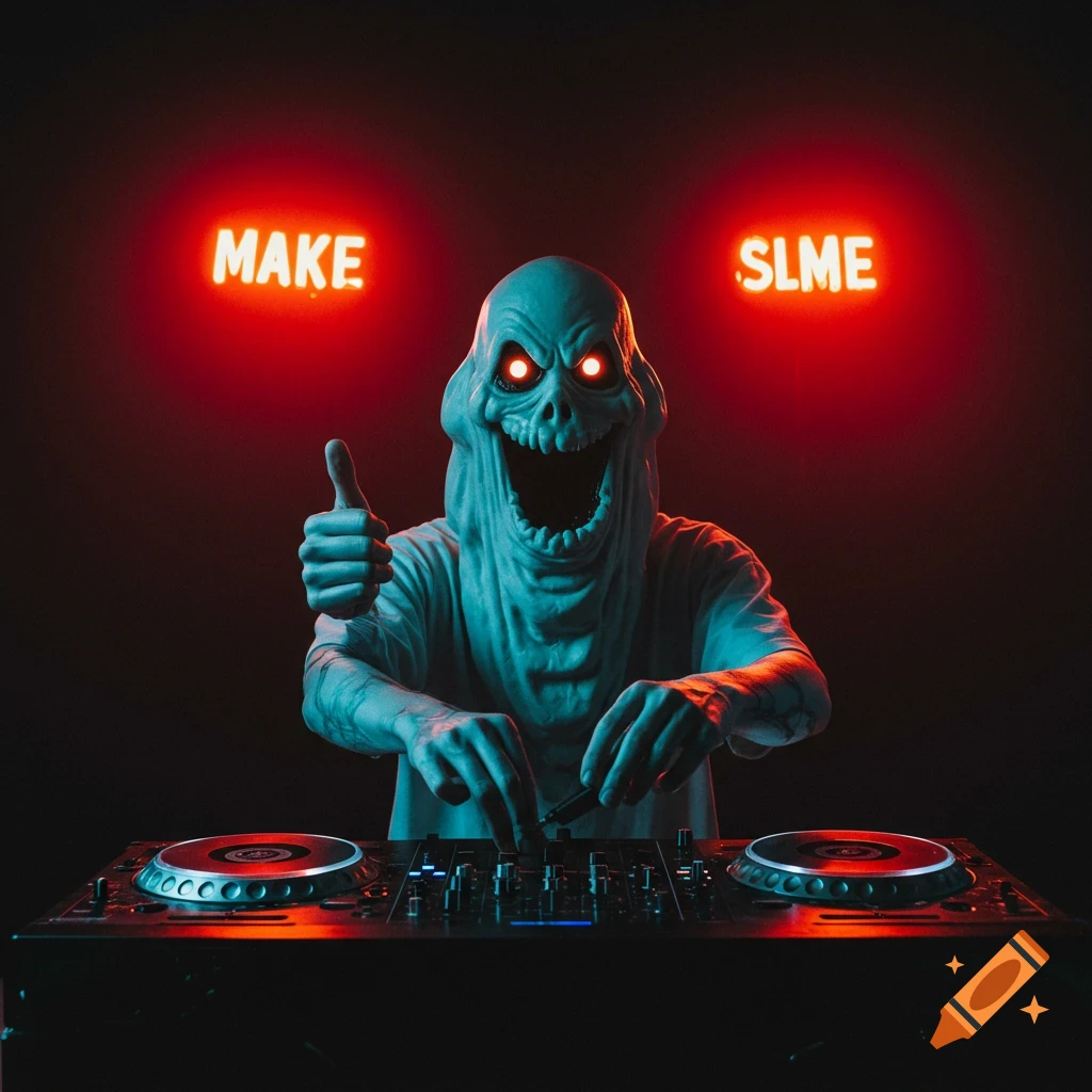 A blue ghost with red eyes DJs under neon signs saying 'MAKE SLME'.