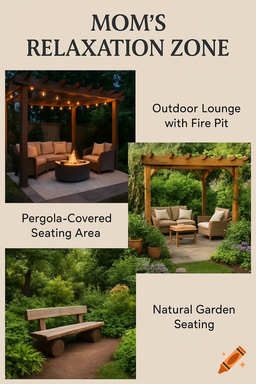 Collage shows outdoor seating areas: a fire pit lounge, a pergola patio, and a garden bench.