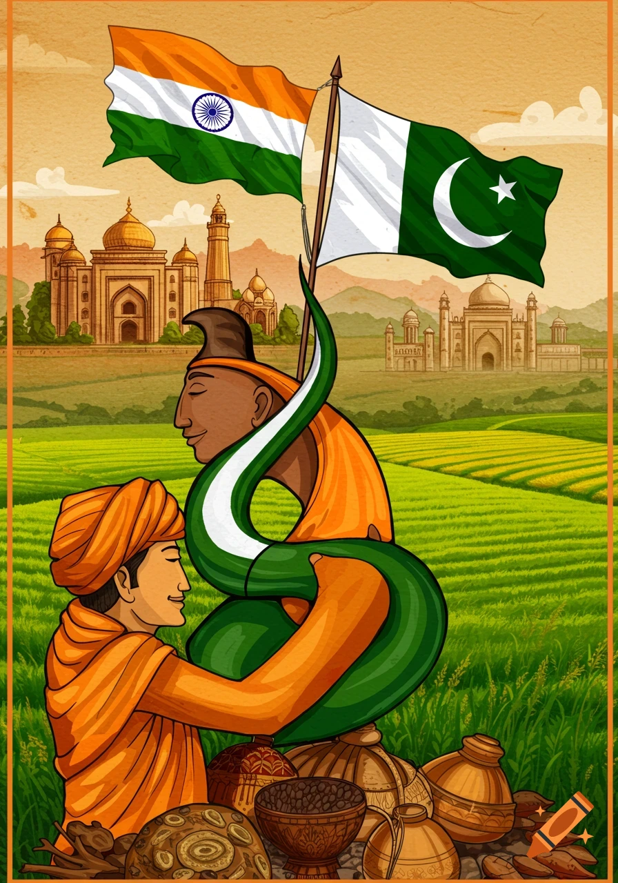 Illustration of two men representing India and Pakistan embracing a flag form, with iconic buildings and fields in the background.