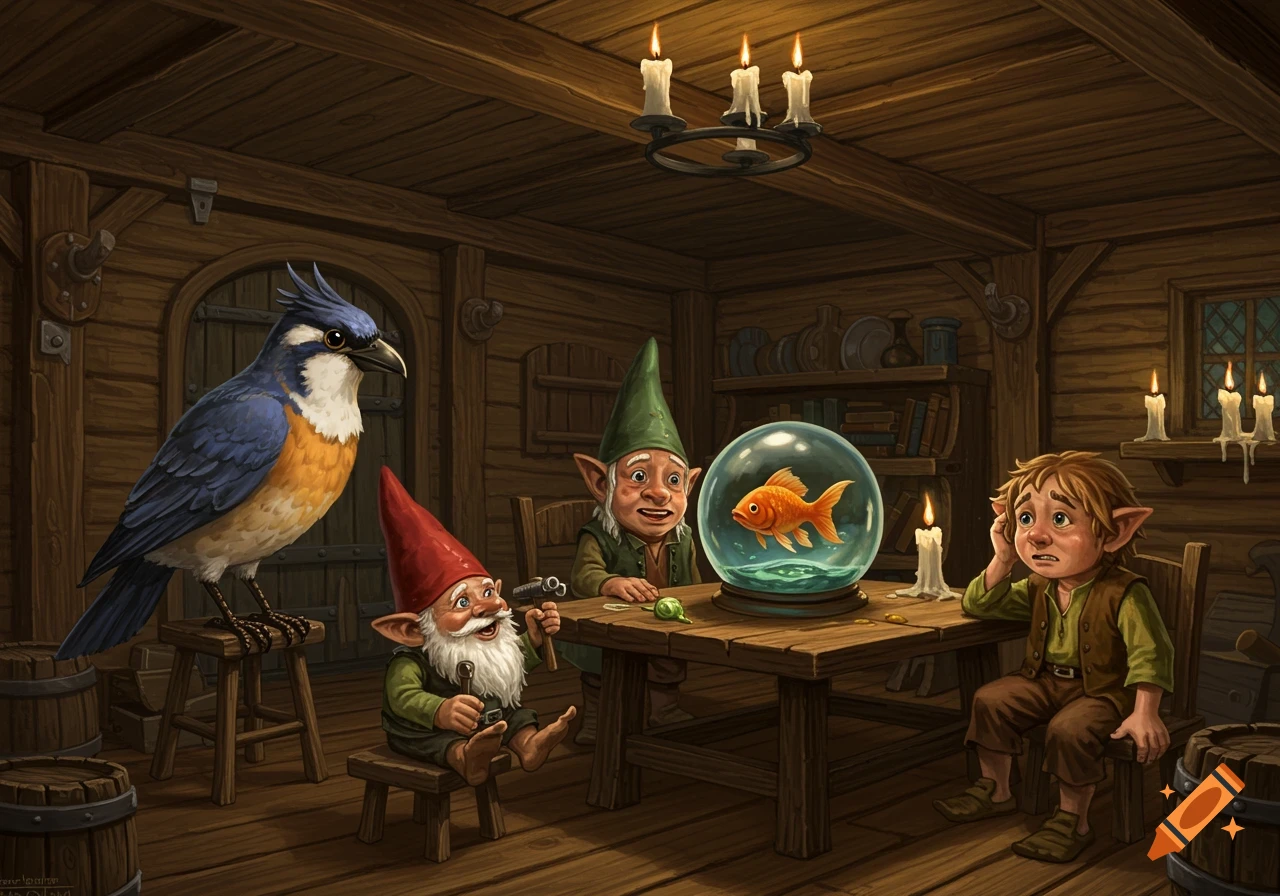An illustration of gnomes, a hobbit, a bird, and a goldfish bowl in a wooden room.