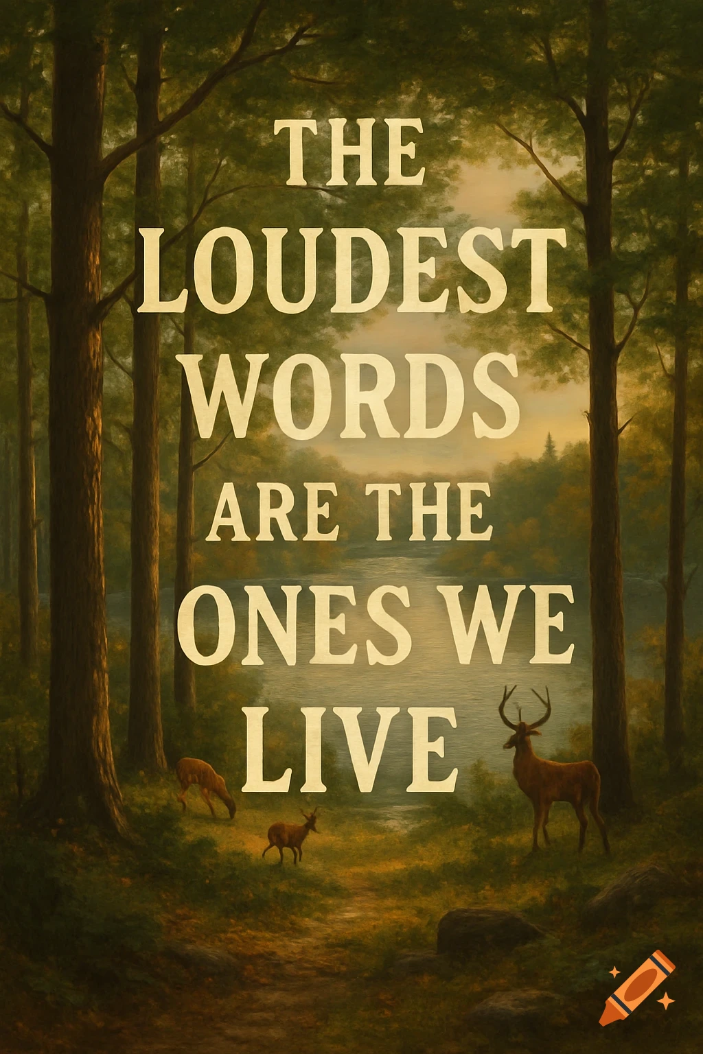 A painterly forest scene with deer by a lake and the quote 'The Loudest Words Are The Ones We Live'.