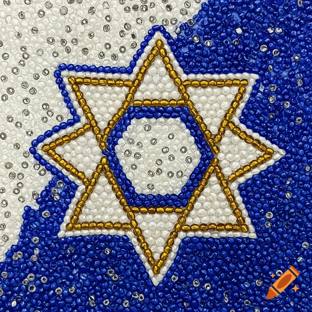 Beaded Star of David on a blue and white background