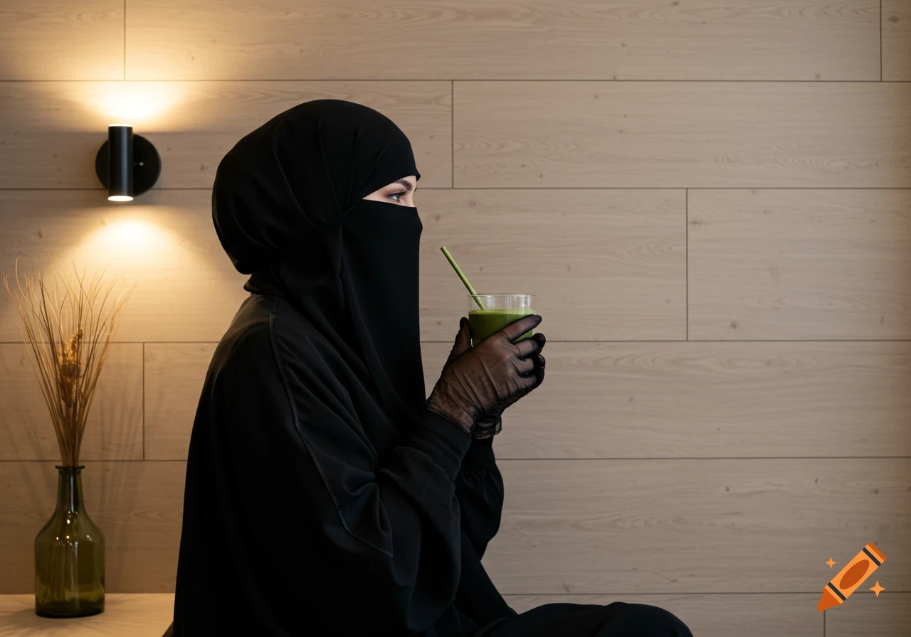 A woman wearing a black niqab and gloves holds a green drink with a straw in an interior setting.