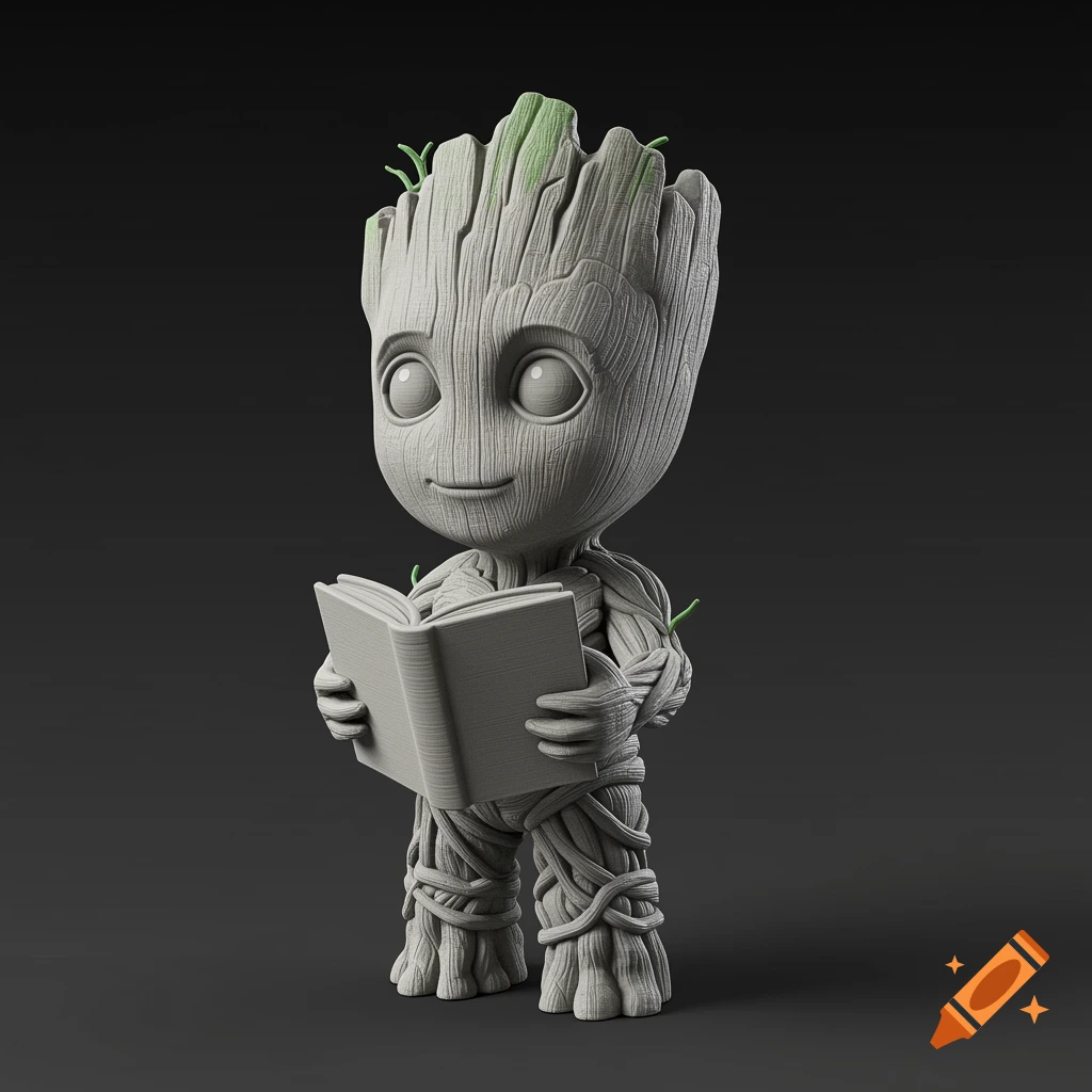 3D render of Baby Groot holding a book