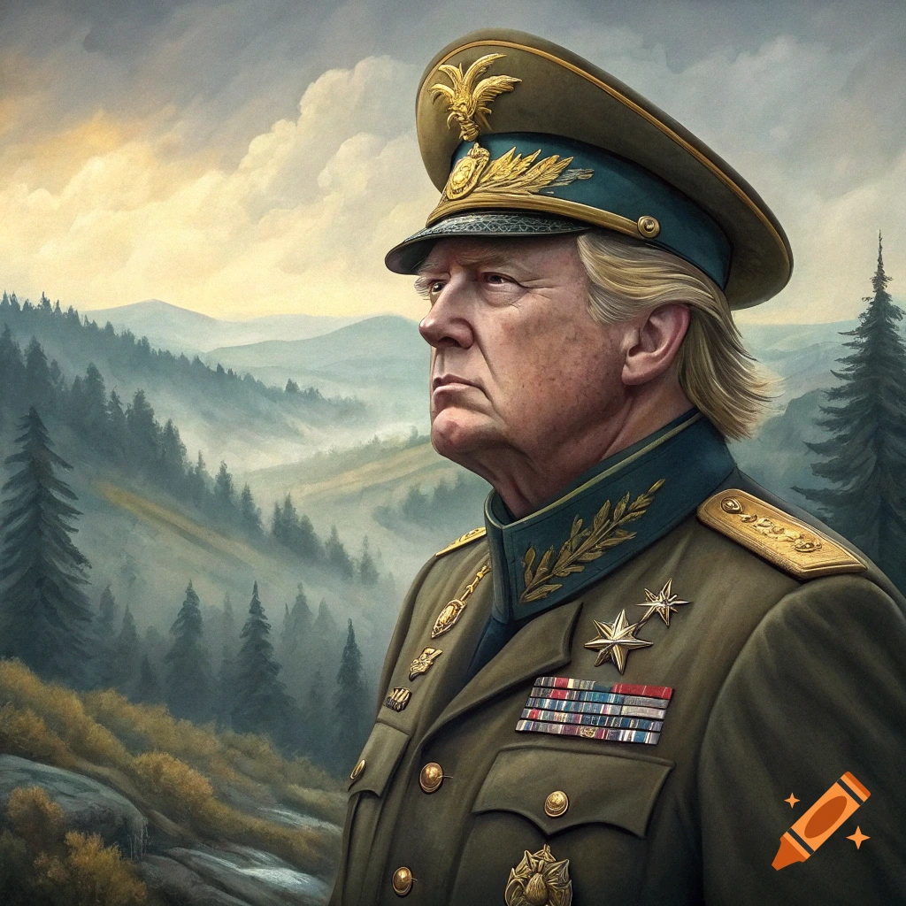 A portrait of Donald Trump wearing a detailed military uniform and hat, standing in front of a misty mountain landscape.