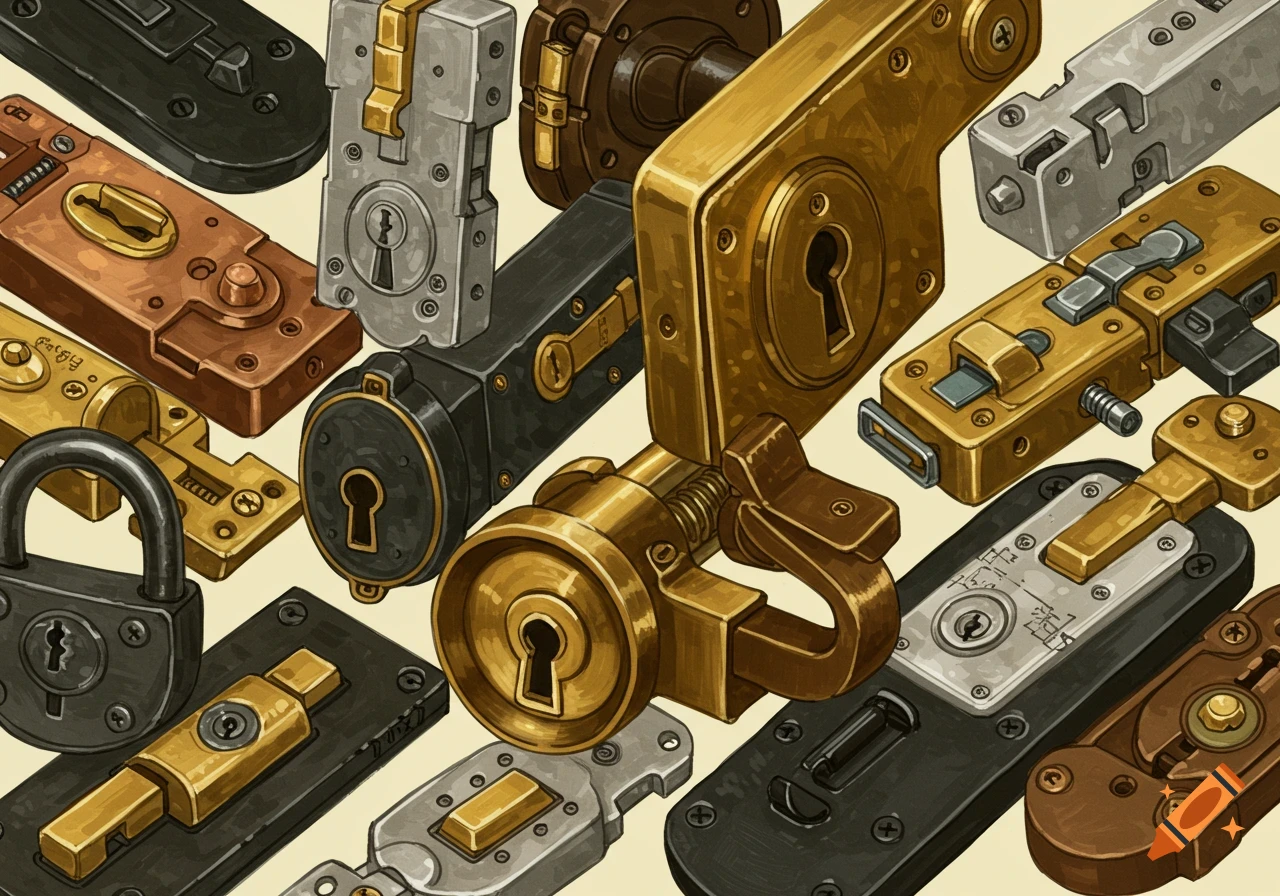 A close-up collection of various antique and stylized door locks, bolts, and padlocks in brass, silver, and dark metal, rendered in an illustration style.