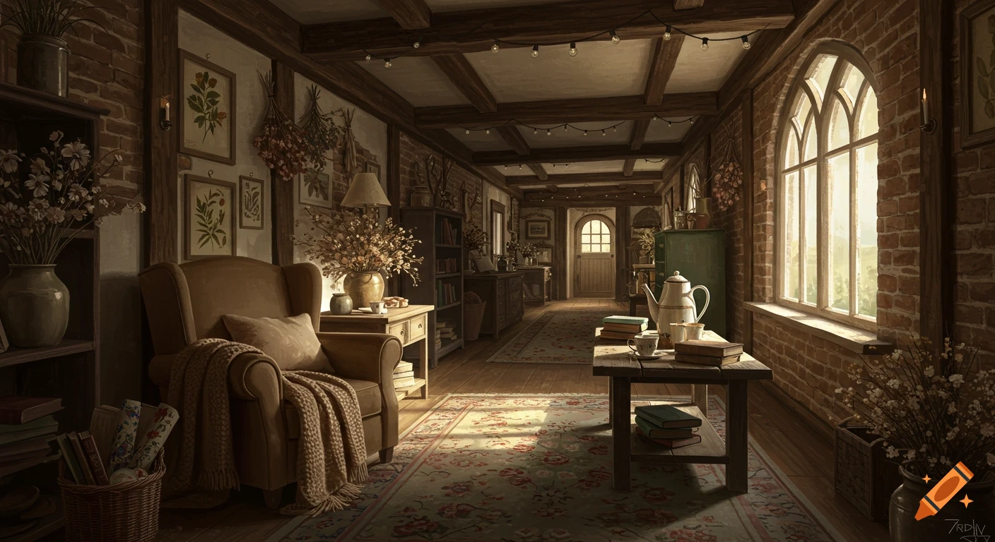 Cozy cottagecore hallway with armchair, bookshelves, large window, and plants.