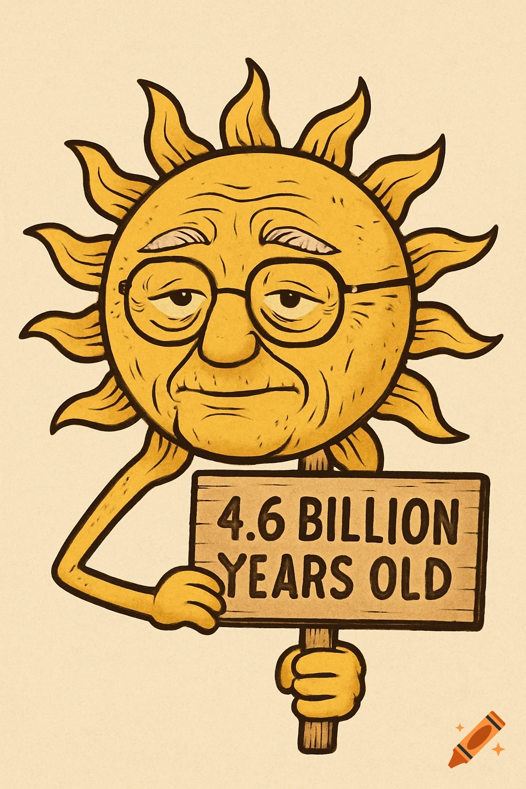 Cartoon illustration of an old sun with glasses holding a sign saying '4.6 billion years old'.