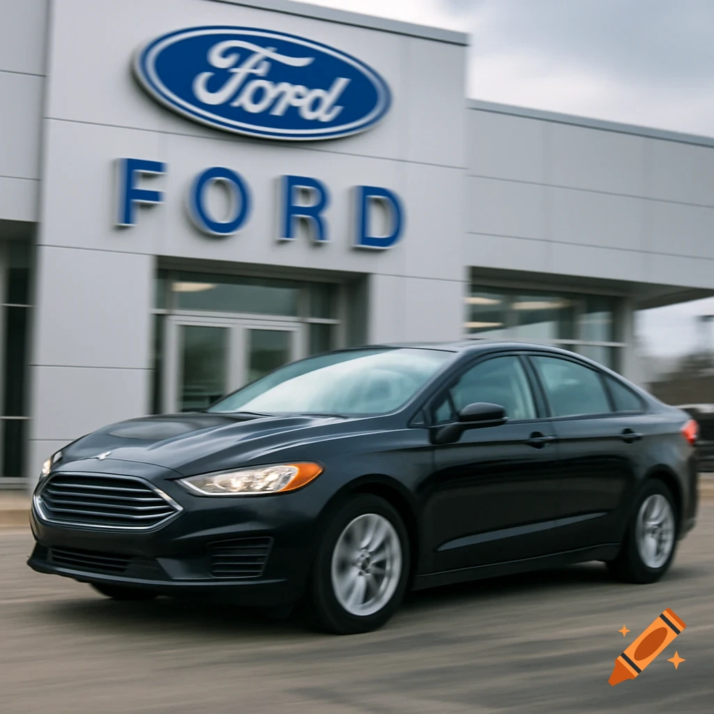 A black Ford car drives past a Ford dealership