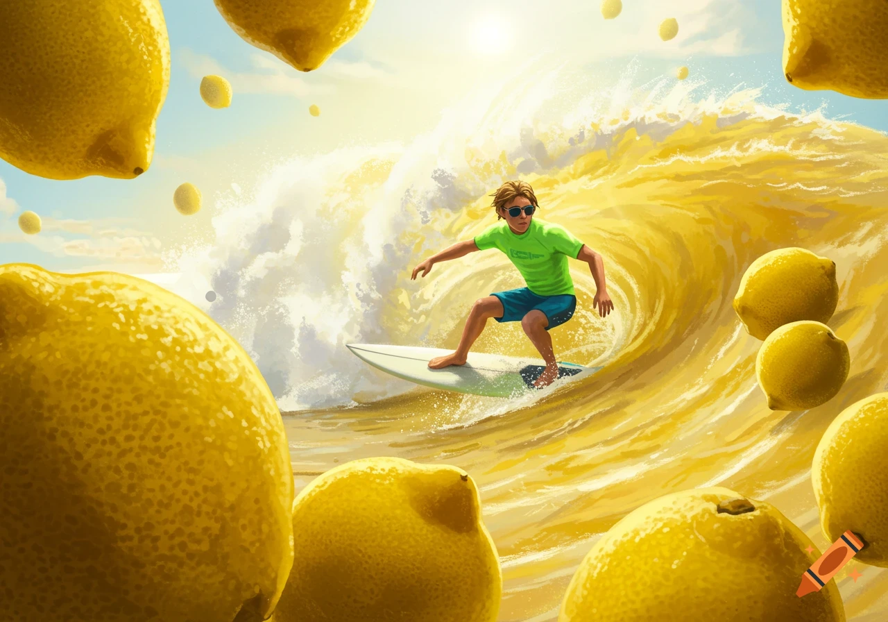 A surfer rides a wave made of lemons with large lemons floating in the sky