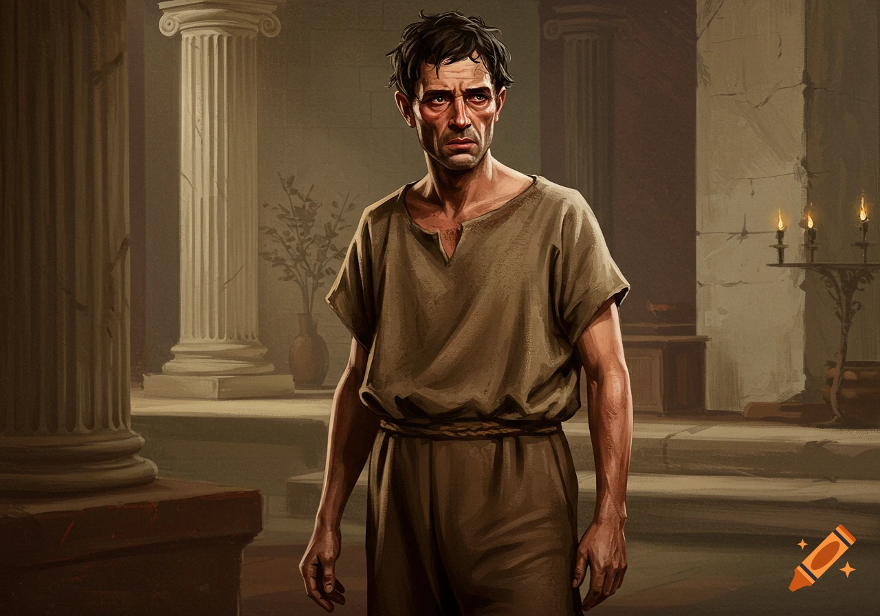 Illustration of a man in a tunic standing in a classical building with columns.