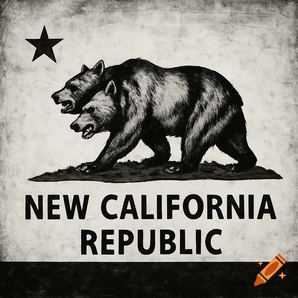 Distressed black and white flag design with a black star, a two-headed bear, and the text NEW CALIFORNIA REPUBLIC.