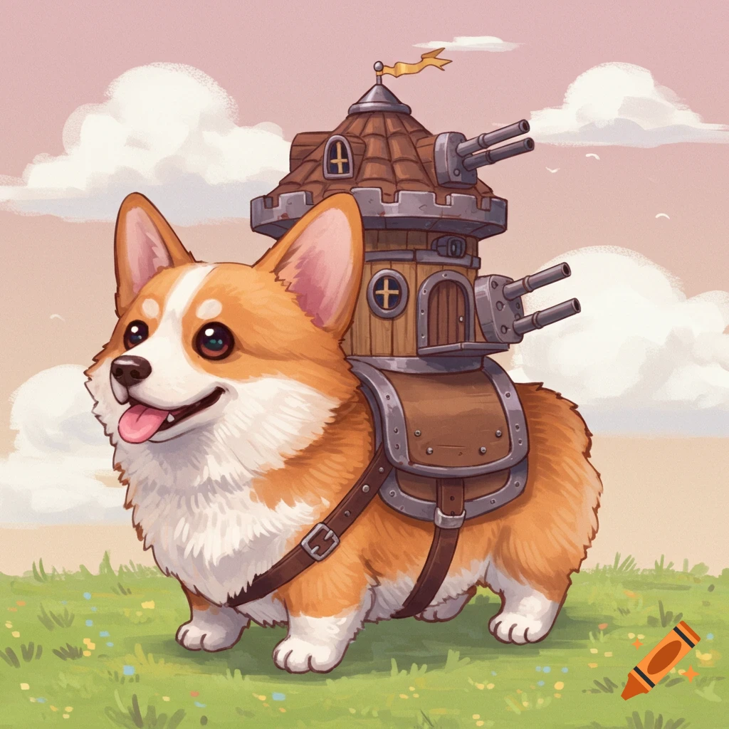 Cute cartoon corgi carrying a small fantasy tower with cannons on its back.