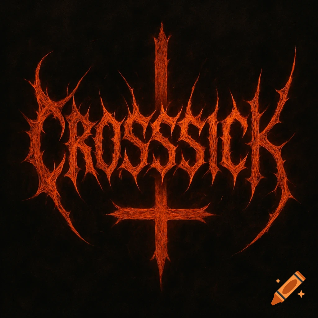Spiky orange metal band logo with the name CROSSSICK above an inverted cross on a dark background.