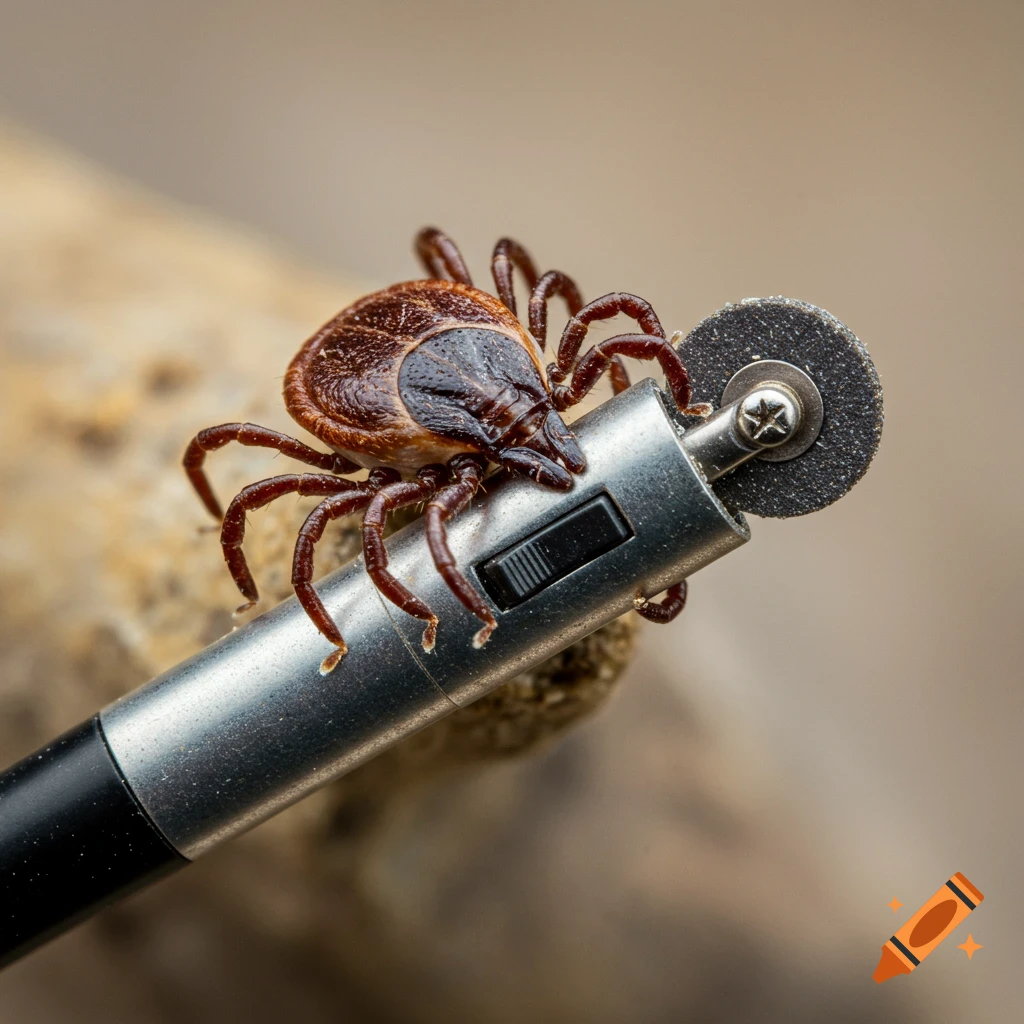 A close-up photorealistic image of a tick on an electric grinder.