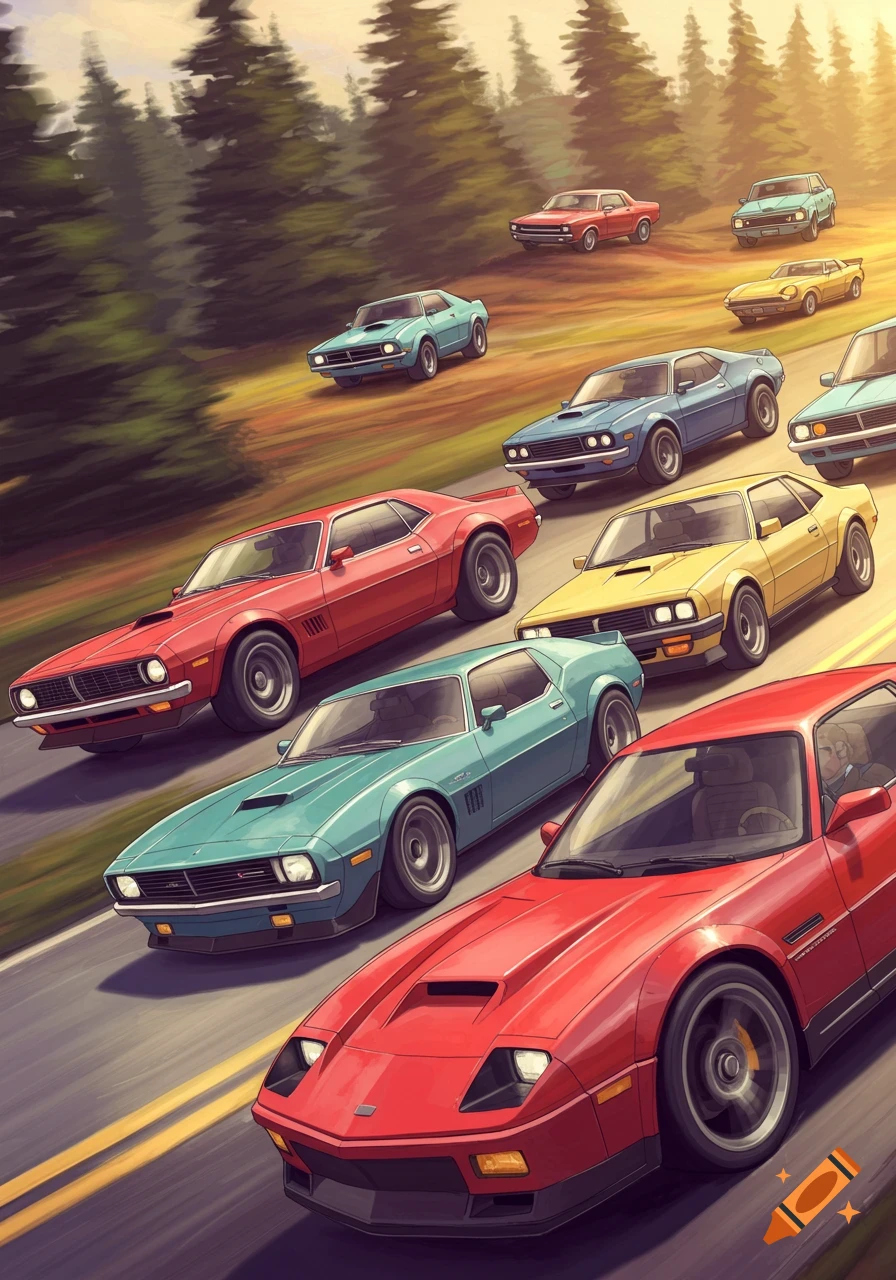 Digital painting of multiple vintage sports cars driving on a winding road through a forest.