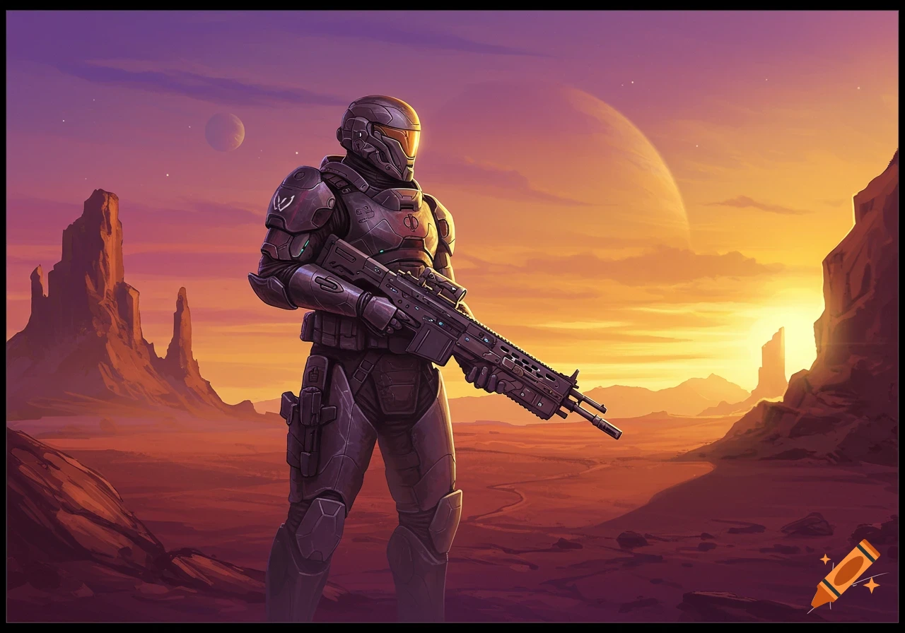 A sci-fi soldier in dark armor holds a rifle on an alien desert planet at sunset.