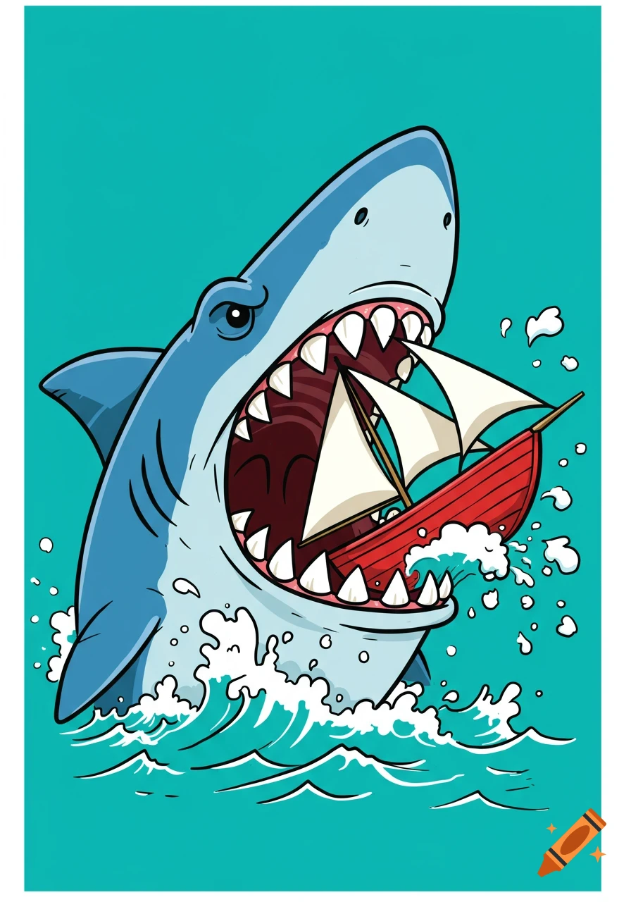 Cartoon shark eating a small red sailboat