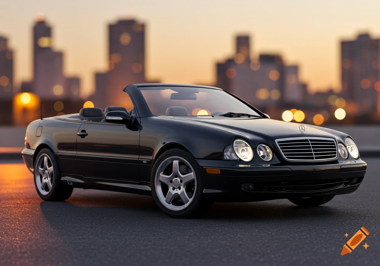A black Mercedes CLK convertible car parked with a blurred city skyline at sunset.