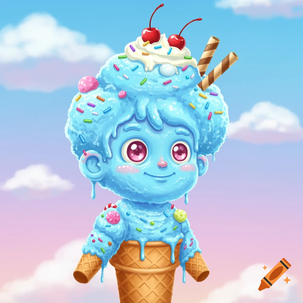 Cartoon illustration of a blue ice cream character with sprinkles, cherries, and a cone body against a cloudy sky.