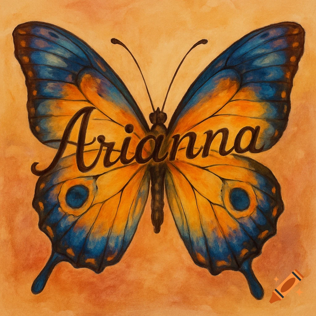 An illustrated butterfly with blue and orange wings, featuring the name "Arianna" written across them.