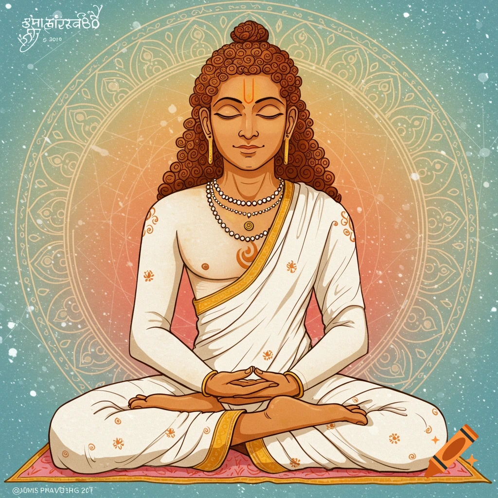 An illustration of a figure meditating, wearing white and gold cloth, with a mandala background.