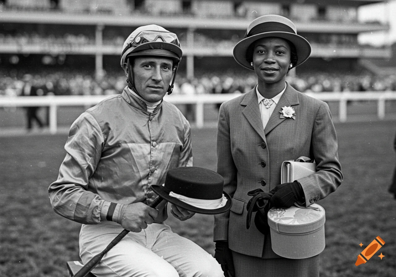 Black and white photo of a jockey in uniform next to a woman in a hat at a horse race track.
