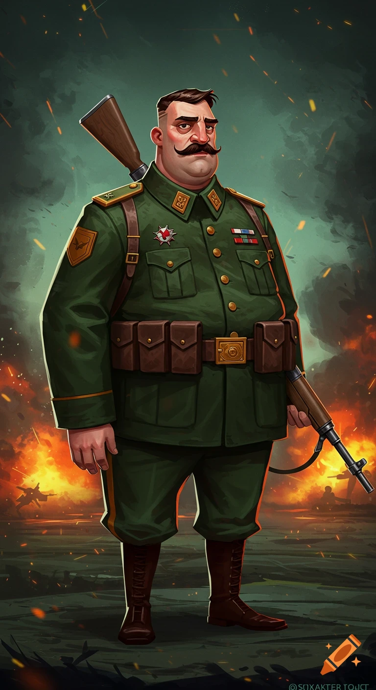 Cartoon illustration of a stout soldier with a mustache in a green uniform, standing in a warzone.