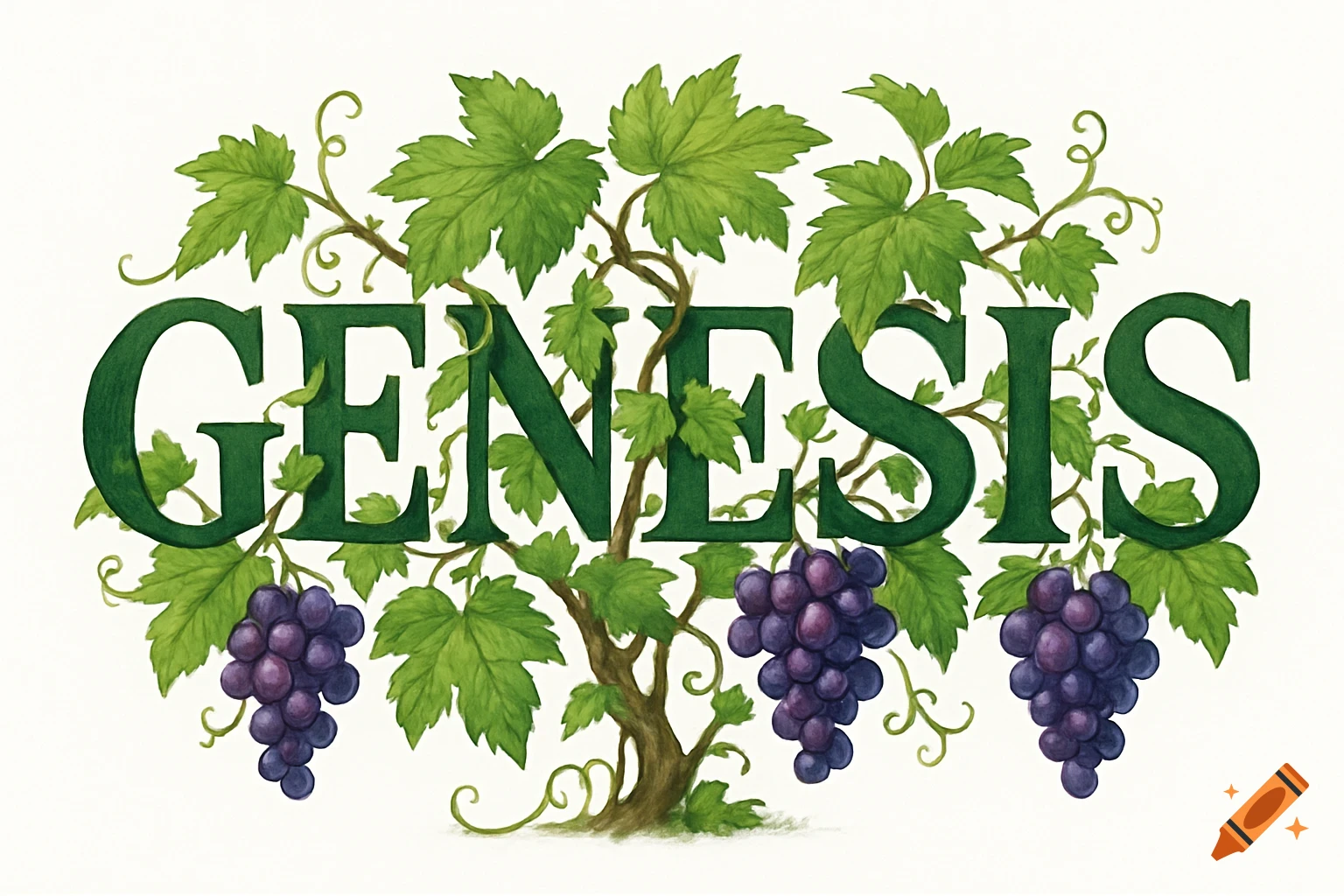 The word GENESIS formed by a watercolor grapevine with leaves and grapes.