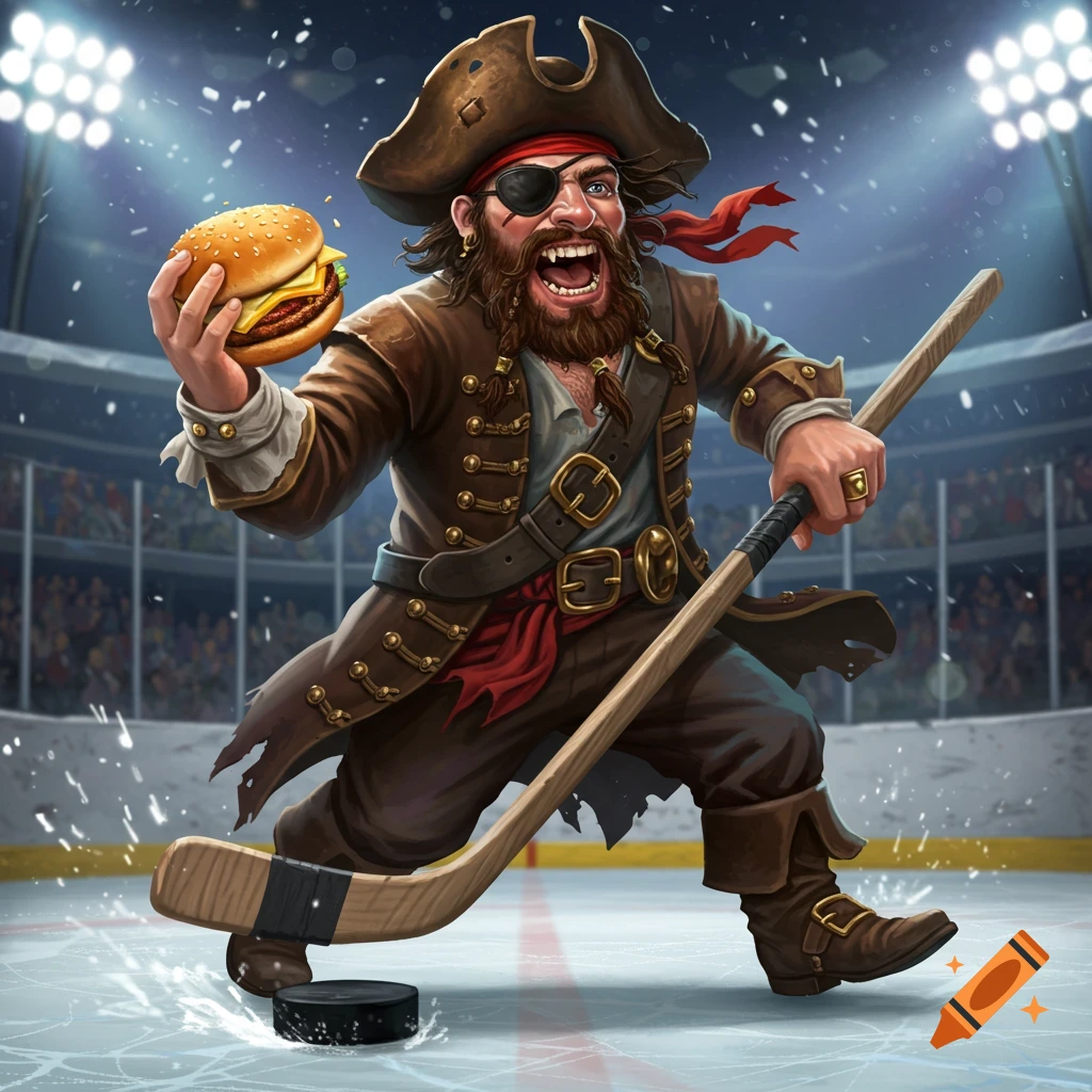 Cartoon pirate playing ice hockey while holding a burger.