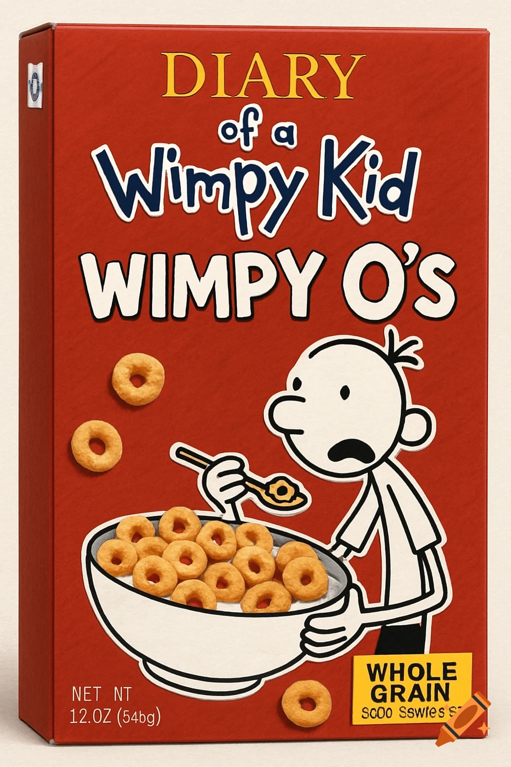 A red cereal box for Diary of a Wimpy Kid Wimpy O's featuring the cartoon character with a bowl of cereal.