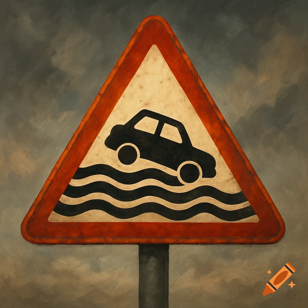A warning traffic sign shows a black car driving through waves, indicating a flood hazard, rendered in a textured, painterly style.