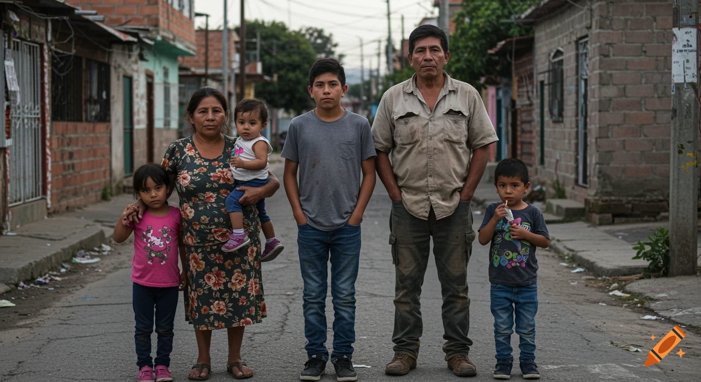 A family of five, mother, father, teenage son, and two younger children, stand on a street.
