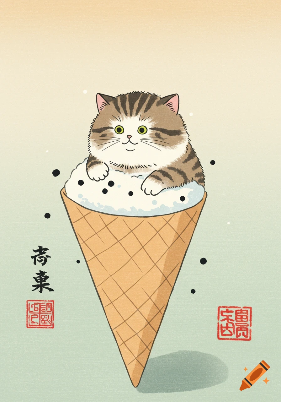 Ukiyo-e style illustration of a chubby kitten in a snow cone with Japanese characters.