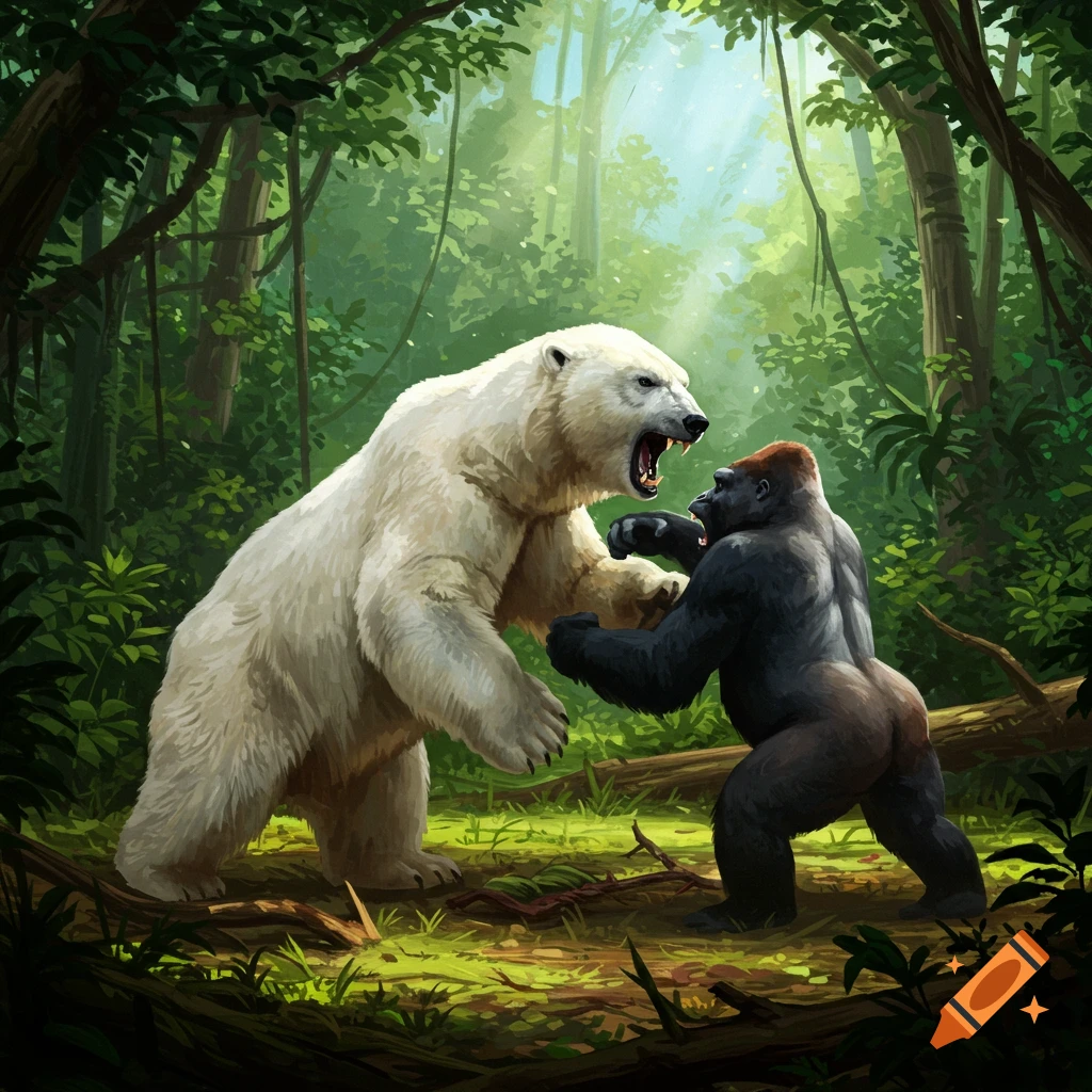 A polar bear fights a gorilla in a jungle.