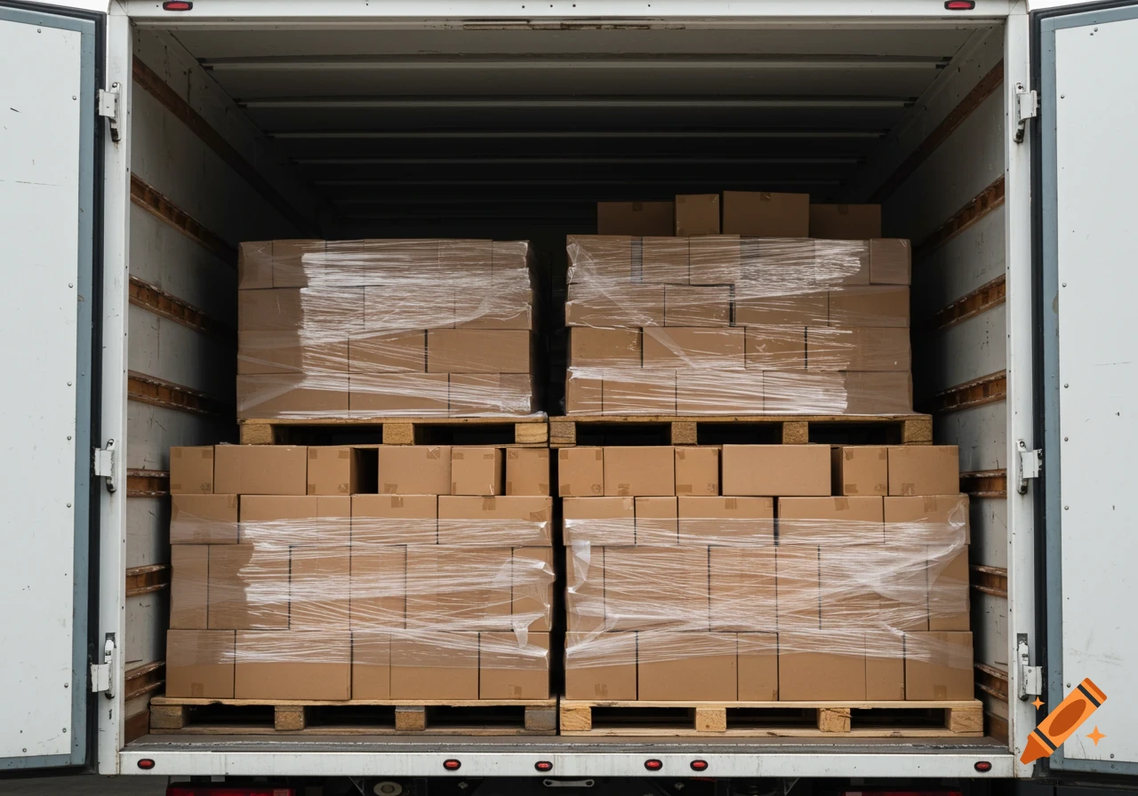 Back of a truck loaded with stacks of cardboard boxes on pallets.