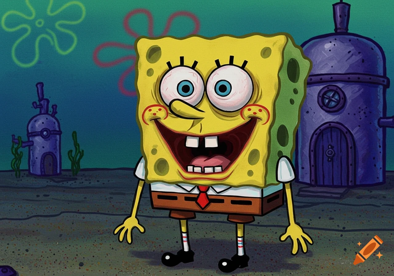 Spongebob Squarepants smiling unsettlingly in his underwater world.