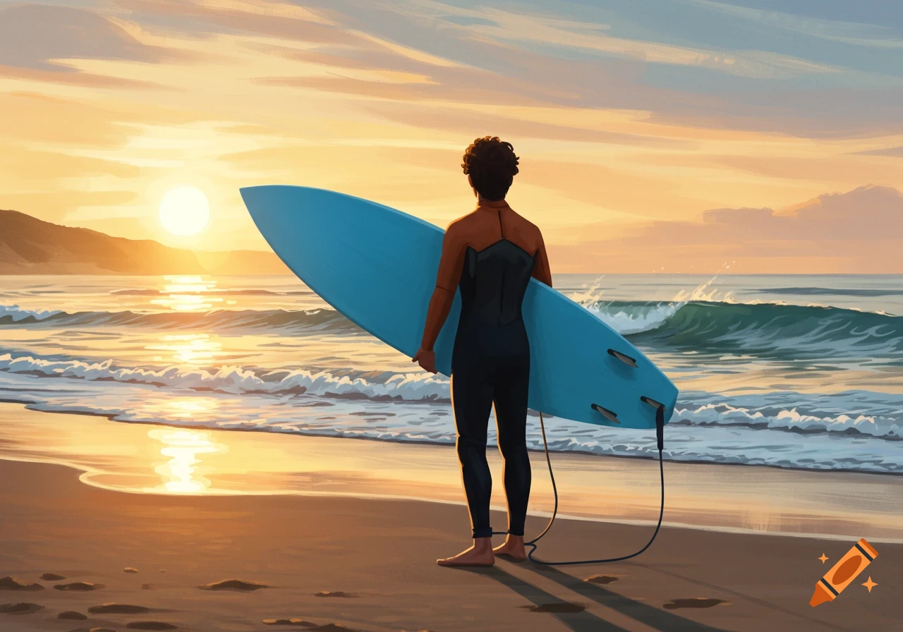 A person holding a blue surfboard stands on a beach watching the sunset in digital art style.