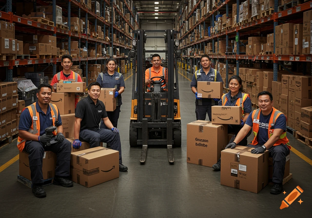 Group of warehouse workers with boxes and a forklift in a warehouse.