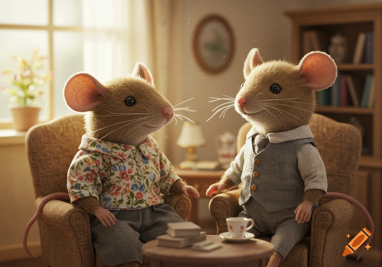 Two anthropomorphic mice dressed in clothes sit in chairs facing each other in a room.