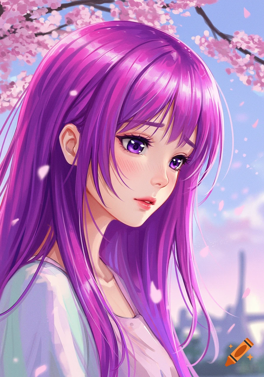 Anime girl with purple hair under cherry blossoms