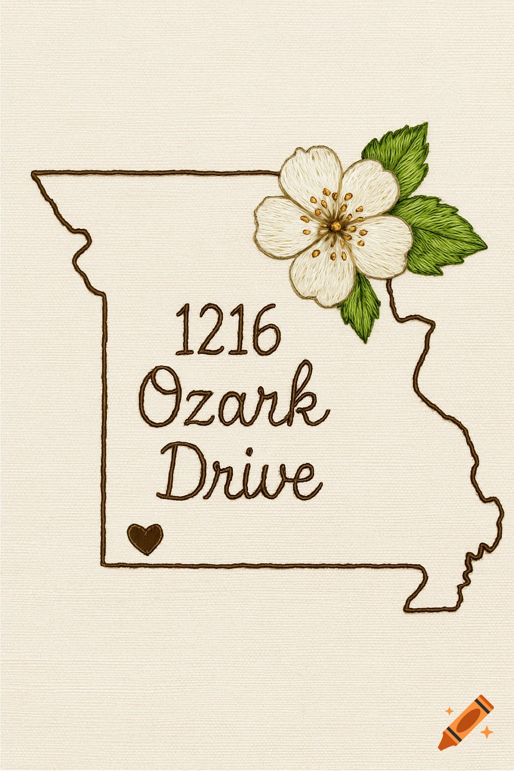 Embroidery template of Missouri state outline with text '1216 Ozark Drive', a flower, and a heart.