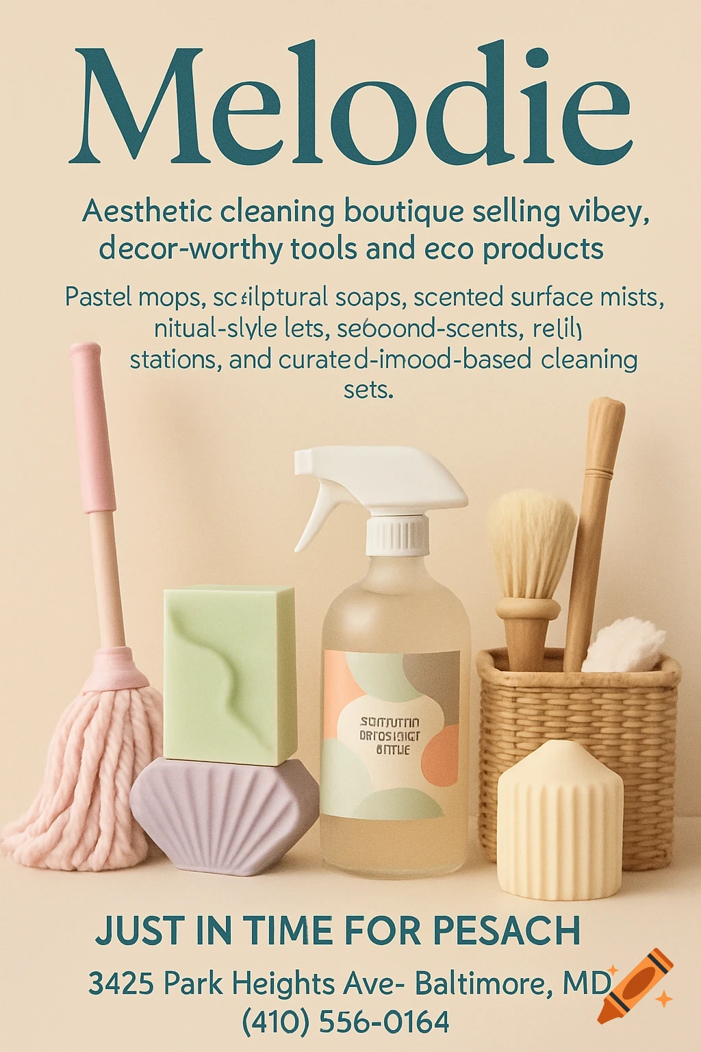 Advertisement for 'Melodie' featuring pastel cleaning supplies like soaps, mop, and spray bottle.