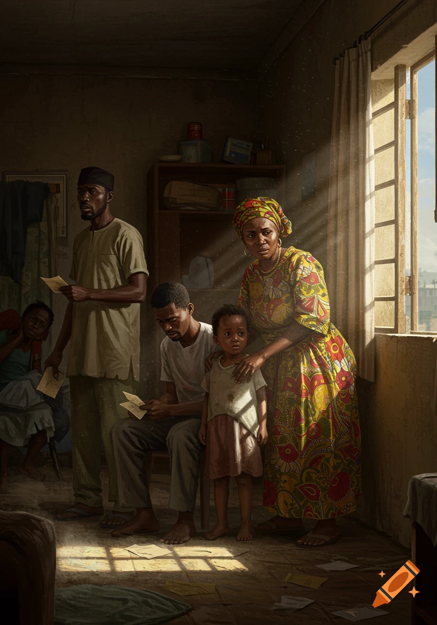 Nigerian family looking worried in a dimly lit room with sunlight through window, holding papers. Realistic style.