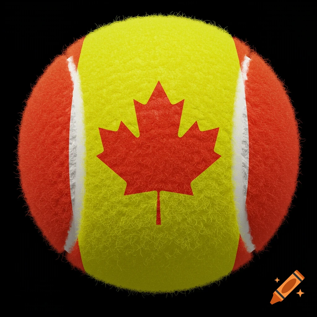 Closeup of a tennis ball with a Canadian flag design