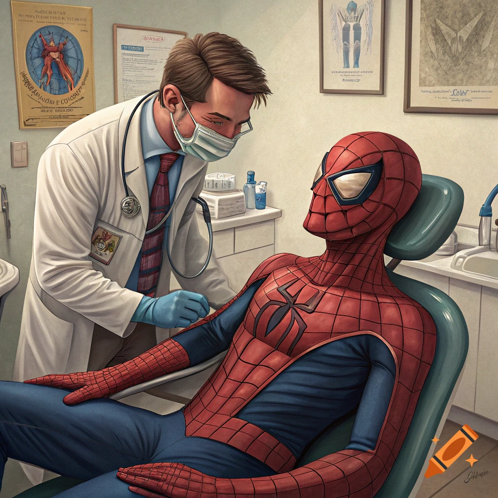 Spider-Man sits in a dentist chair while a doctor examines him.